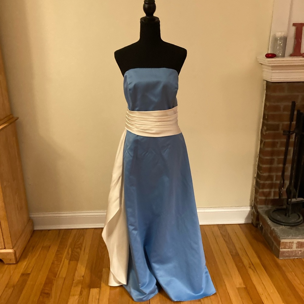 Strapless Pastel Blue Bridesmaid dress with off white sash size 14
